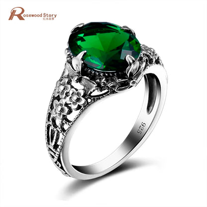 Damen-Ring aus 925er Sterling Silber mit Blüten-Design und grünem Kristall im Vintage-Stil