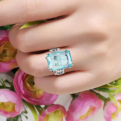 Damen-Ring aus 925er Silber mit Geburtsstein Aquamarin und himmelblauem Kristall Handgefertigt Vintage Stil