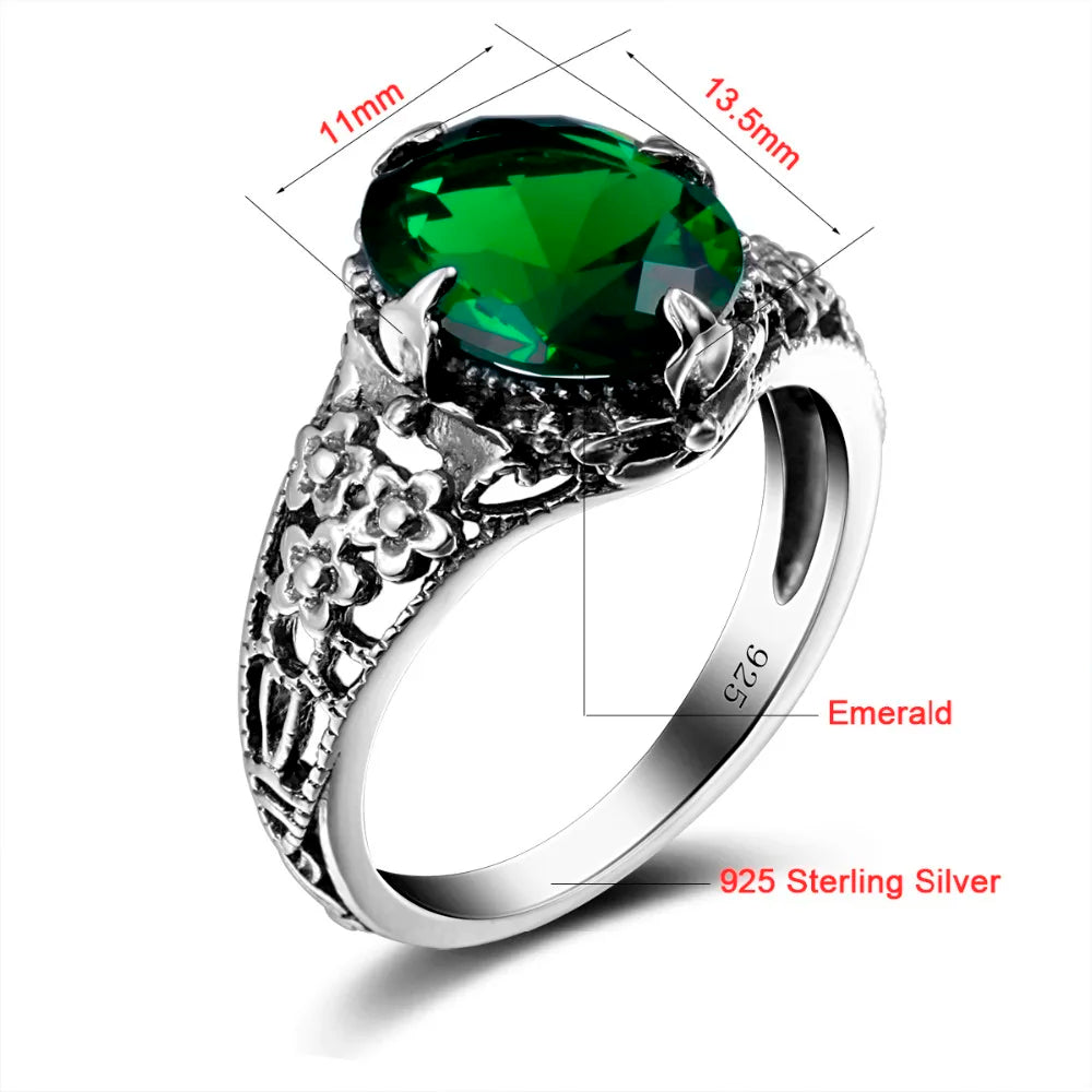 Damen-Ring aus 925er Sterling Silber mit Blüten-Design und grünem Kristall im Vintage-Stil