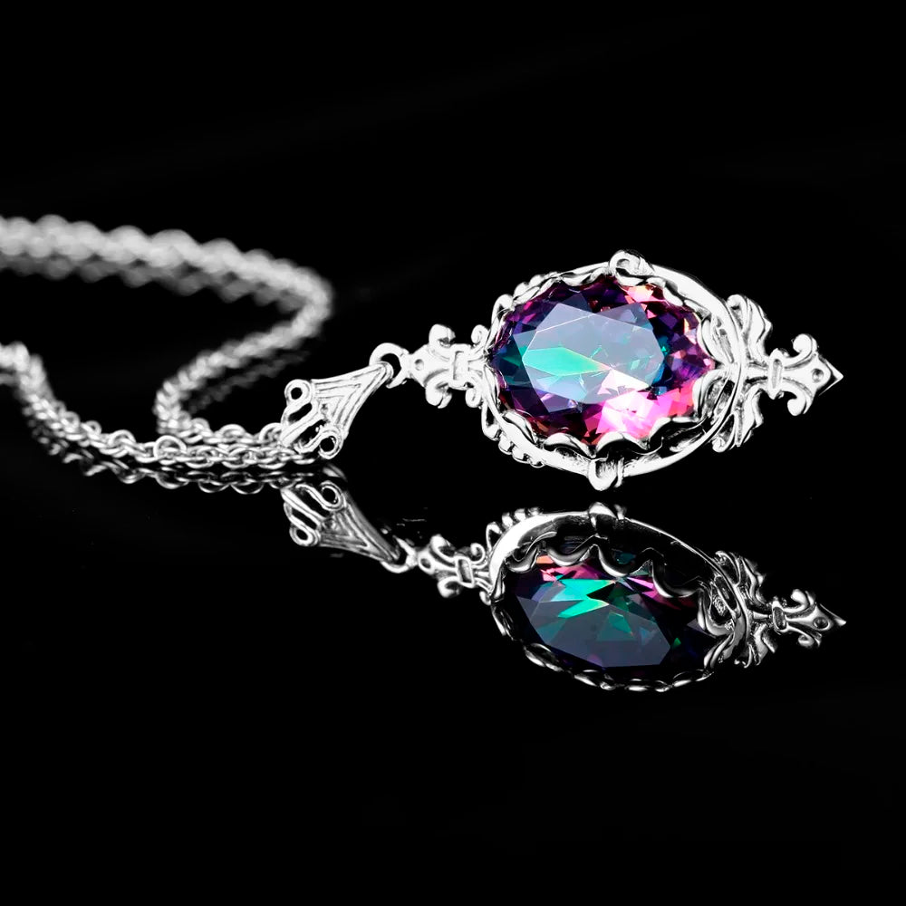 Damen-Halskette aus 925er Sterlingsilber mit Regenbogen-Topas-Anhänger Boho Vintage Stil Handgefertigt