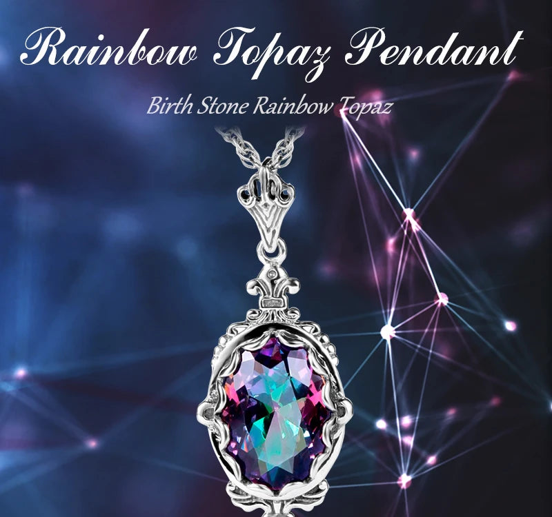 Damen-Halskette aus 925er Sterlingsilber mit Regenbogen-Topas-Anhänger Boho Vintage Stil Handgefertigt
