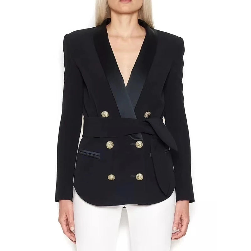 Damen-Blazer doppelreihig Schalkragen Schnürgürtel Löwenknopf elegant