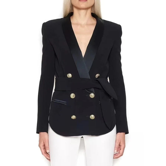 Damen-Blazer doppelreihig Schalkragen Schnürgürtel Löwenknopf elegant