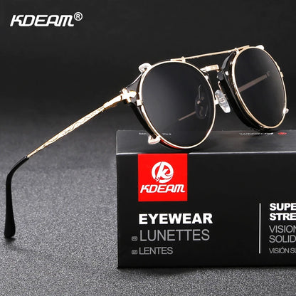 Sonnenbrille rund Steampunk Clip-On abnehmbar polarisiert Markenbox Herren