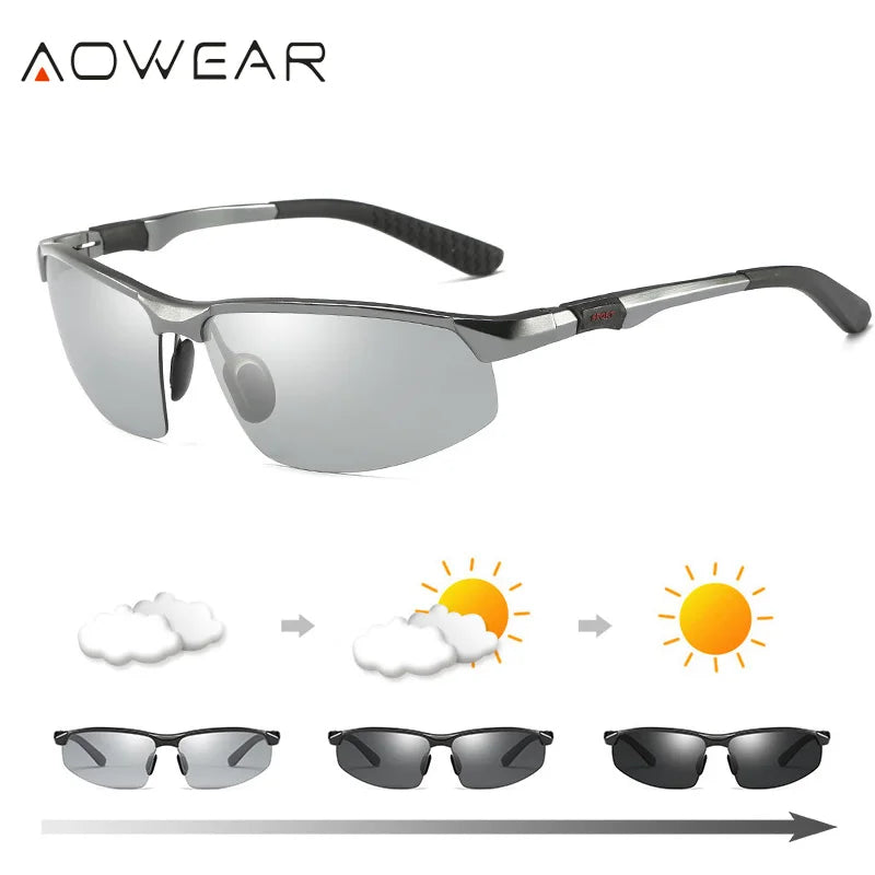 AOWEAR Photochrome polarisierte randlose Sonnenbrille für Herren, Tag und Nacht, Fahren, Chamäleon-Brille, Autofahrer, blendfreie Brille
