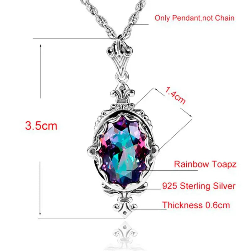 Damen-Halskette aus 925er Sterlingsilber mit Regenbogen-Topas-Anhänger Boho Vintage Stil Handgefertigt