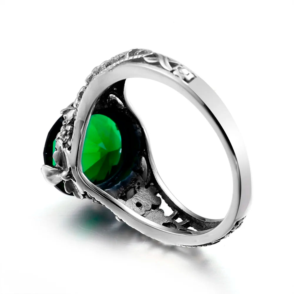 Damen-Ring aus 925er Sterling Silber mit Blüten-Design und grünem Kristall im Vintage-Stil