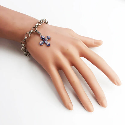 Armband mit Kreuz-Anhänger aus 925 Sterling Silber in Blau und Lila Emaille
