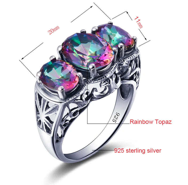 Damen-Cocktailring aus 925er Sterlingsilber mit Regenbogen-Topas und Zirkoniastein für festliche Anlässe