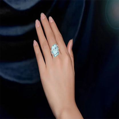 Damen-Ring aus 925er Silber mit Geburtsstein Aquamarin und himmelblauem Kristall Handgefertigt Vintage Stil