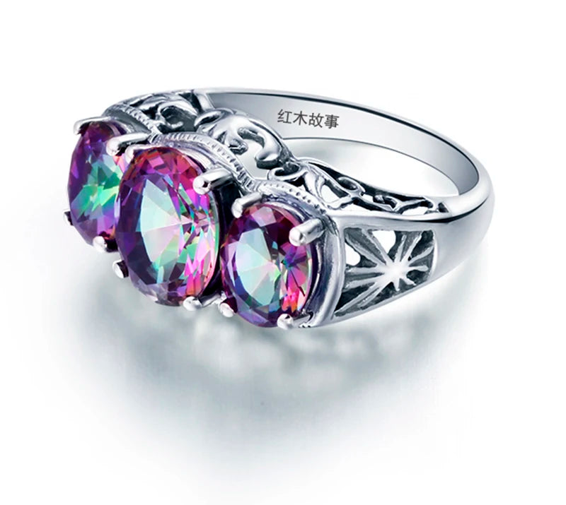 Damen-Cocktailring aus 925er Sterlingsilber mit Regenbogen-Topas und Zirkoniastein für festliche Anlässe