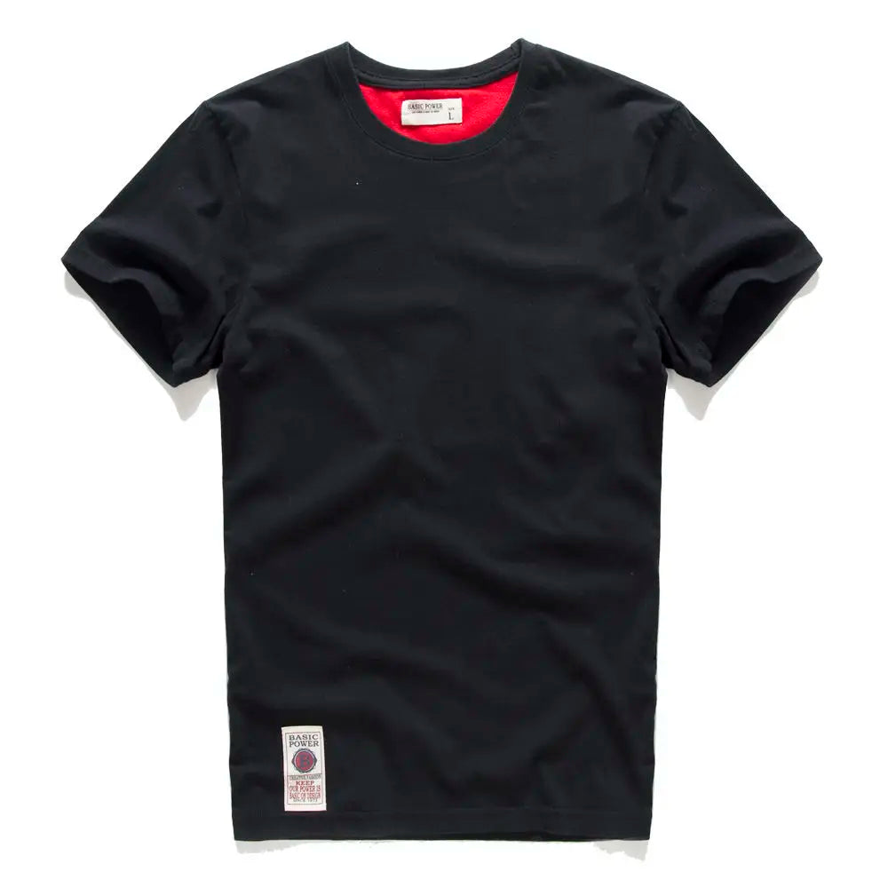 Herren-T-Shirt aus Lycra, kurzarm, einfarbig, schwarz mit rotem Innenkragen