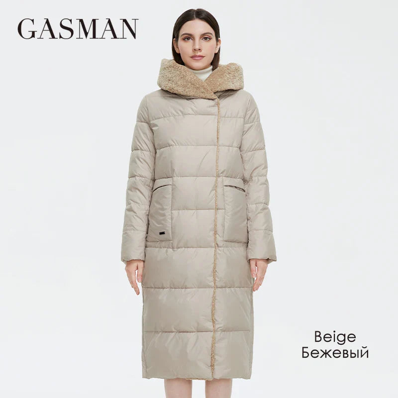 Lange Damen-Winterparka mit Reißverschluss, Schnürdesign, Taschen und Kapuze – warm und klassisch geschnittene Daunenjacke.