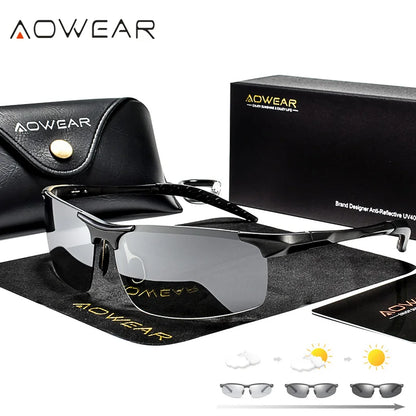 AOWEAR Aluminium Polarisierte Photochrome Sonnenbrille Männer Luxus Qualität Randlose Chameleon Gläser Männlichen Tag Nacht Fahren Sonnenbrille