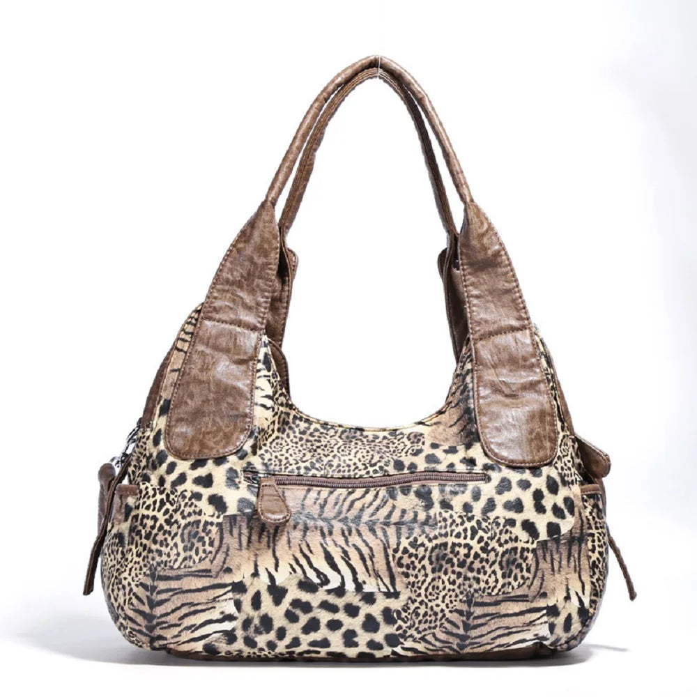 Damen-Schultertasche Leopardenmuster mit Vintage-Charme und Top-Handle-Design für Alltag