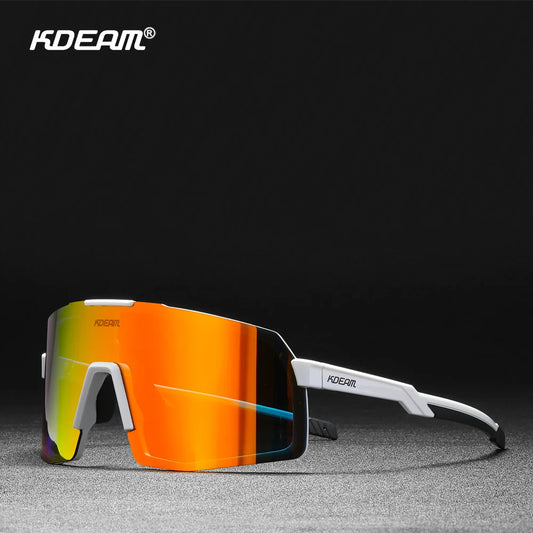 KDEAM Sport-Sonnenbrille mit orange spiegelnden polarisierenden Linsen und weißem Rahmen