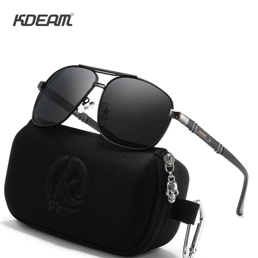 Quadratische Sonnenbrille mit schwarzen, polarisierten Gläsern und Metallrahmen, Alu-Gestell