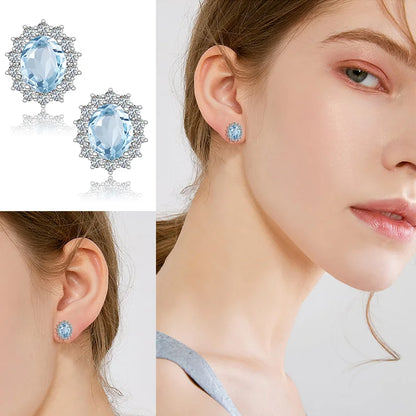 Damen-Ohrstecker Aquamarin Mit Diamanten Aus 925 Sterlingsilber Großes Edelstein-Duo