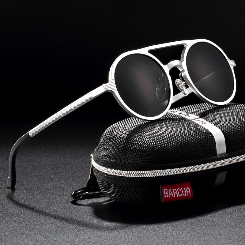 Sonnenbrille rund Al-Mg Vintage Steampunk polarisiert Marken-Design