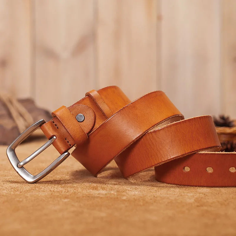 Herren Echtleder-Gürtel Braun Rindsleder 3,8 cm Stiftschnalle Vintage Jeans