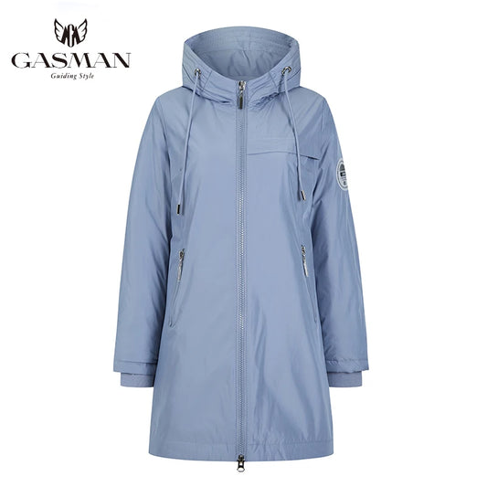 Lange Damen-Daunenjacke mit Reißverschluss, großen Taschen und Stehkragen – Kapuzenparka im klassischen Design