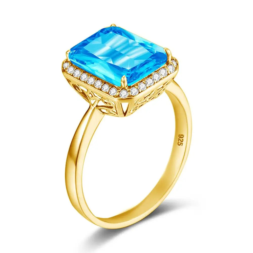 Damen-Ring aus 18K Gold mit Blauer Topas und Diamanten, Quadratische Krappenfassung