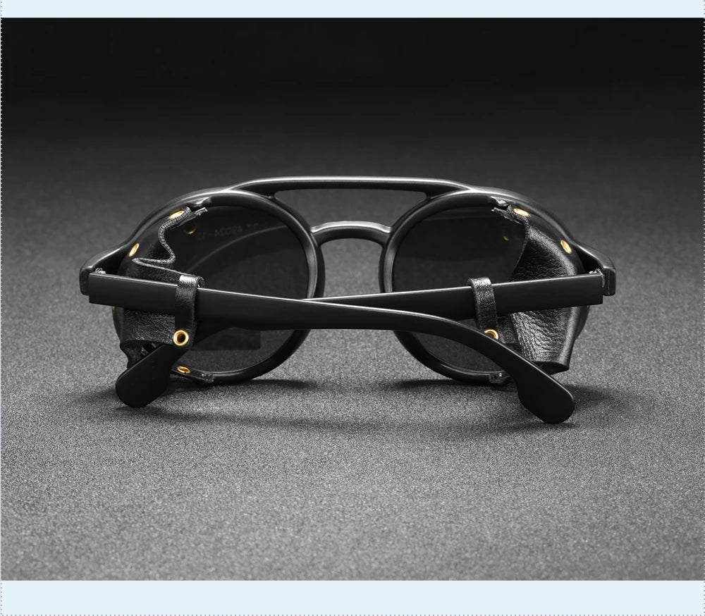 Sonnenbrille rund Vintage Leder-Schild Twin-Bridge polarisiert Herren Damen