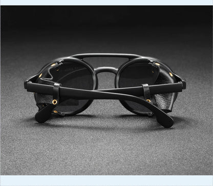Sonnenbrille rund Vintage Leder-Schild Twin-Bridge polarisiert Herren Damen
