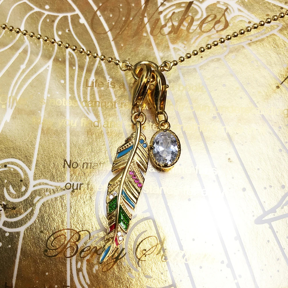 Damen-Halskette Feder golden oval CZ Frühling aus Sterlingsilber