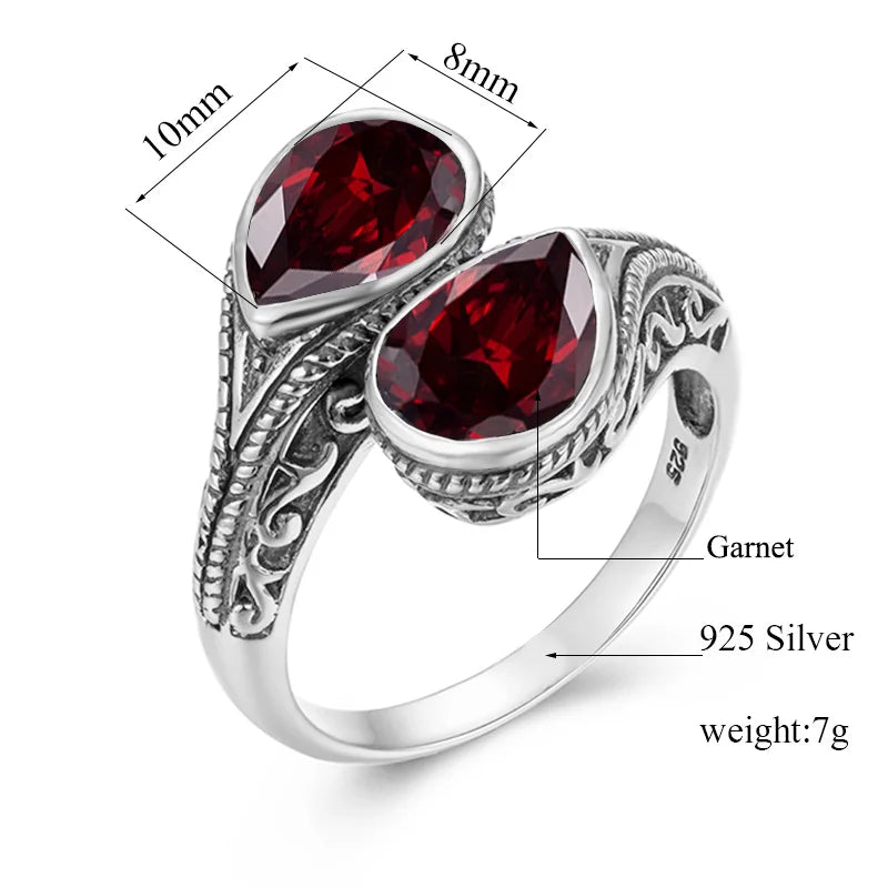 Damen-Ring aus Silber 925 mit zwei Granatsteinen im Vintage Gotischen Stil Eleganter Verlobungs- oder Jubiläumsschmuck