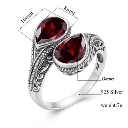 Damen-Ring aus Silber 925 mit zwei Granatsteinen im Vintage Gotischen Stil Eleganter Verlobungs- oder Jubiläumsschmuck