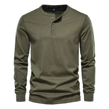 Herren Langarm T-Shirt mit Henley-Kragen im einfarbigen Casual-Stil