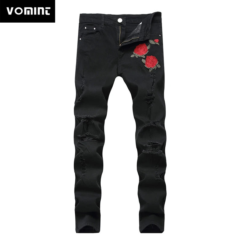 Herren Jeans mit zerrissenen Details und bestickten Rosen im Skinny-Stil