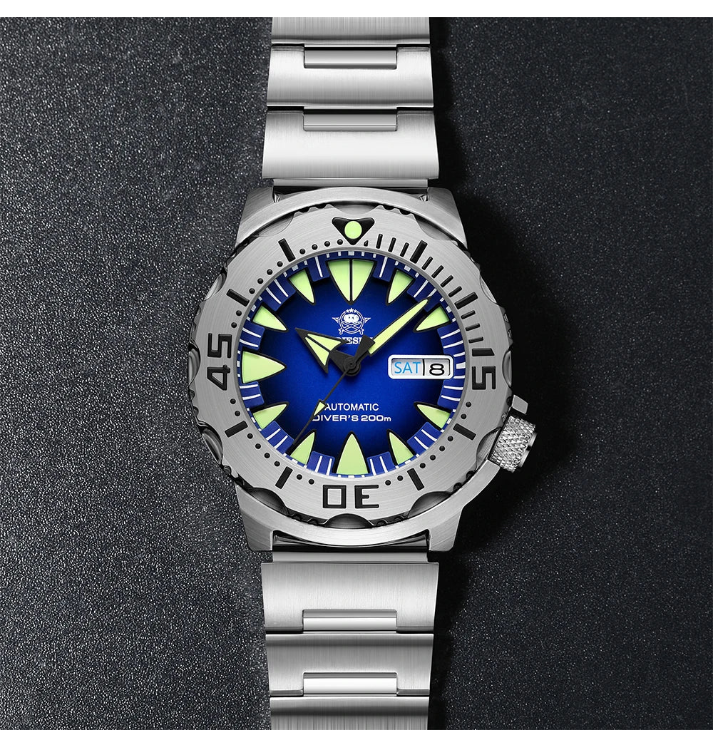 ADDIESDIVE AD2103 Men Monster Watch Luminous Sapphire Glass Blue Dial NH36 Diver 316L Stainless Steel Mechanical Watches