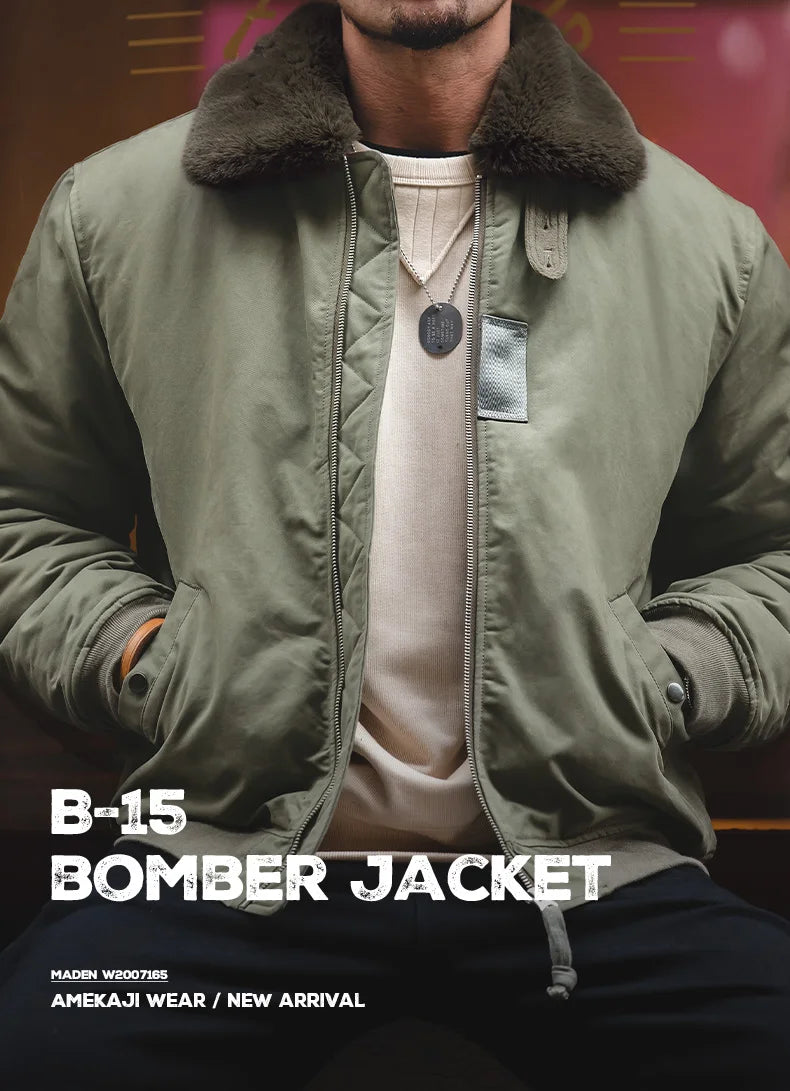 Herren Bomberjacke Vintage Kunstkaninchenfell Revers Signatur-Armtasche Winter