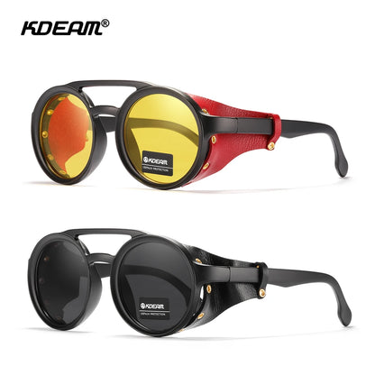Sonnenbrille rund Vintage Leder-Schild Twin-Bridge polarisiert Herren Damen