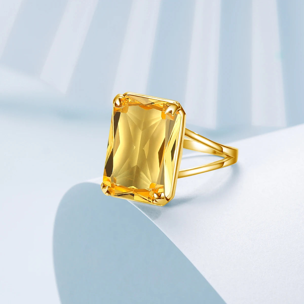 Damen-Ring Aus 925 Sterlingsilber Mit Gelbem Citrin Rechteckstein 13x18 mm Goldbeschichtet Festlicher Schmuck