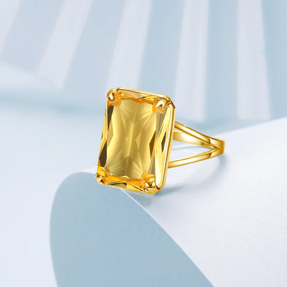Damen-Ring Aus 925 Sterlingsilber Mit Gelbem Citrin Rechteckstein 13x18 mm Goldbeschichtet Festlicher Schmuck