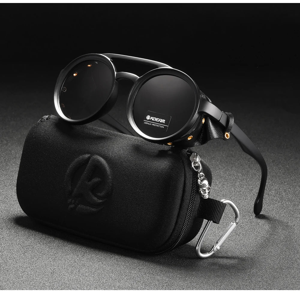 Sonnenbrille rund Vintage Leder-Schild Twin-Bridge polarisiert Herren Damen