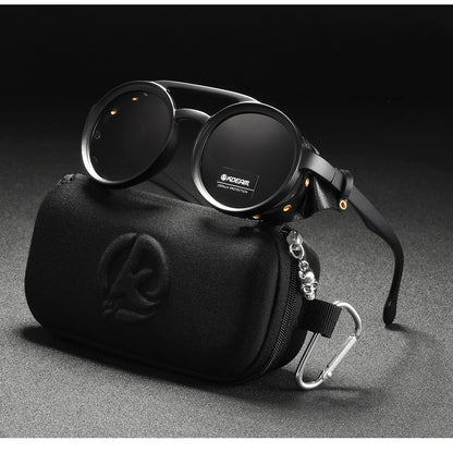 Sonnenbrille rund Vintage Leder-Schild Twin-Bridge polarisiert Herren Damen