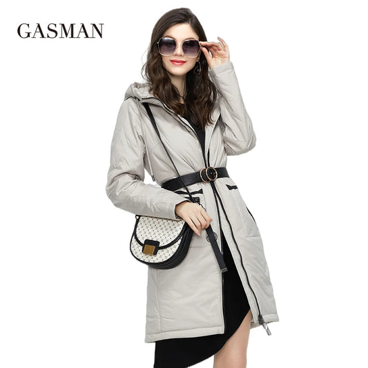 Lange Damen-Parka-Jacke mit Stehkragen und Kapuze – modisch gepolstert für Frühling und Herbst