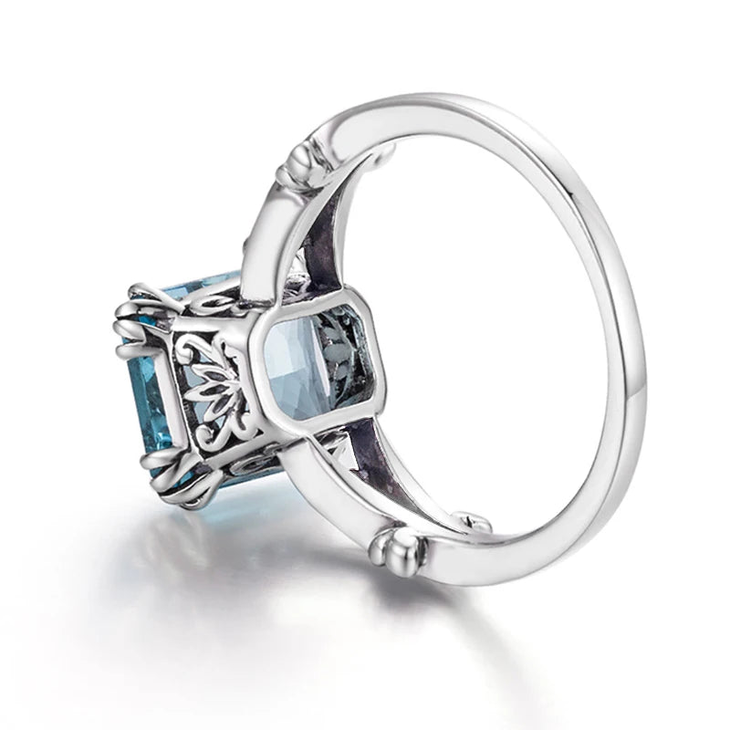 Damen-Ring aus Silber 925 mit Aquamarin Quadrat-Edelstein Boho-Stil Vintage-Look