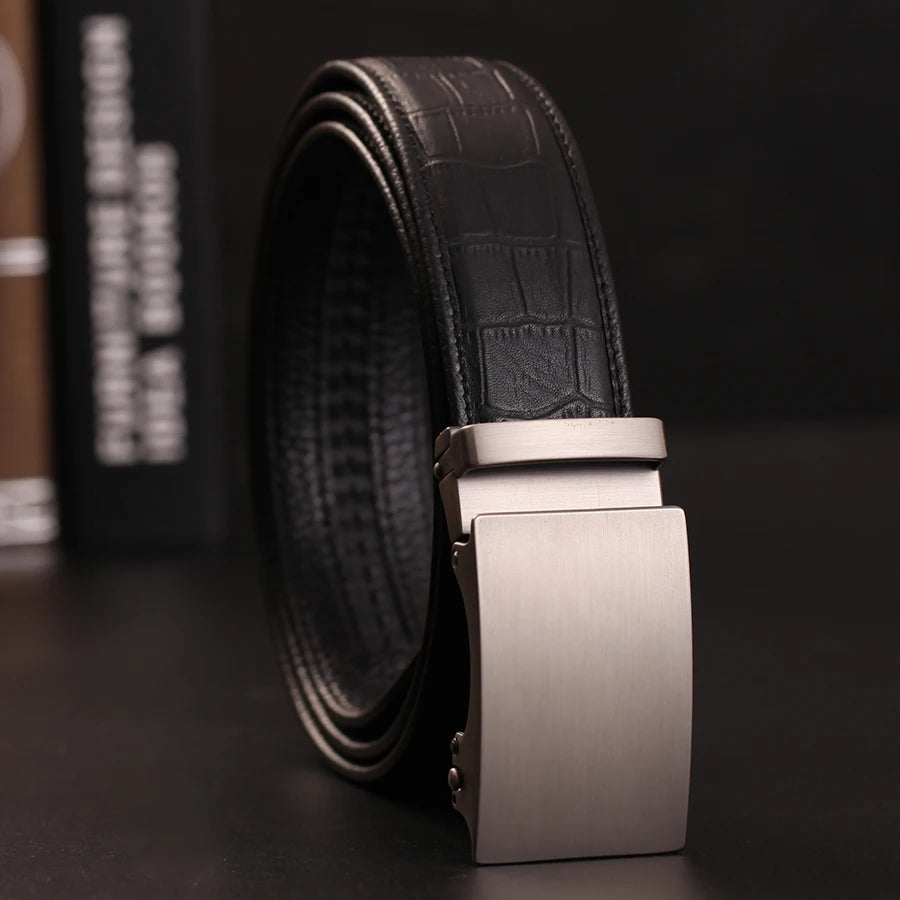 Herren Echtleder-Gürtel Automatik-Schnalle Schwarz 3,5 cm Verstellbar Rindsleder