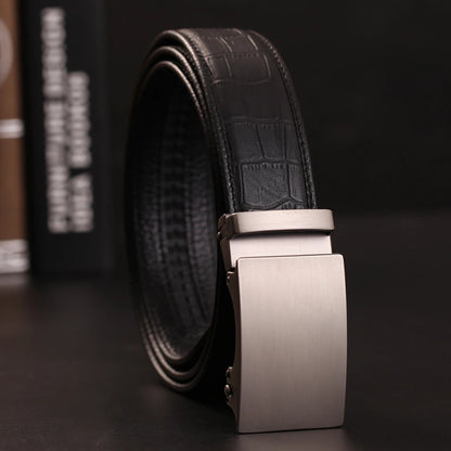 Herren Echtleder-Gürtel Automatik-Schnalle Schwarz 3,5 cm Verstellbar Rindsleder