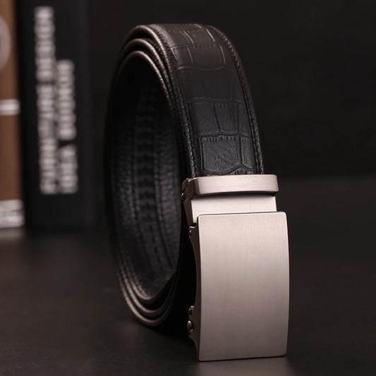 Herren Echtleder-Gürtel Automatik-Schnalle Schwarz 3,5 cm Verstellbar Rindsleder