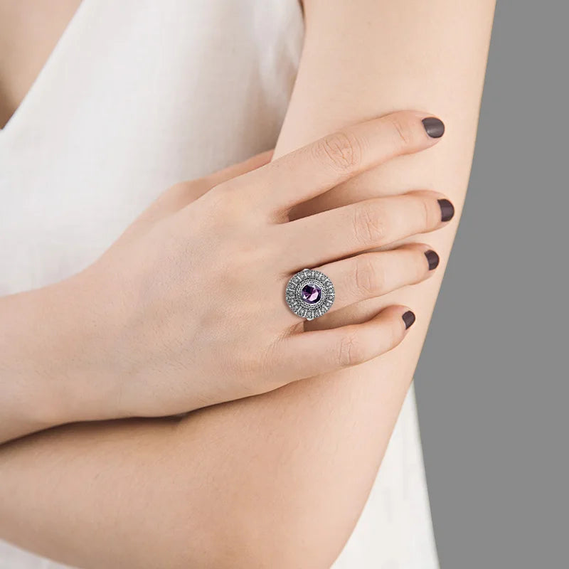 Damen-Ring aus Silber 925 mit Amethyst, Blumendesign, Krappenfassung und feinem Vintage-Look