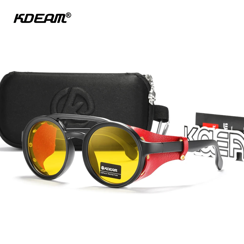 Sonnenbrille rund Vintage Leder-Schild Twin-Bridge polarisiert Herren Damen