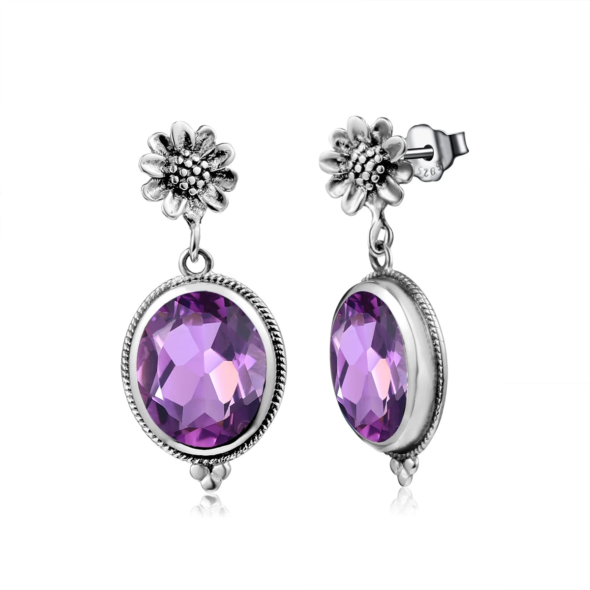 Damen-Ohrstecker Amethyst Ovaler Form 925er Silber Blüten-Design Feine Schmuckqualität