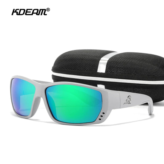 Sport-Sonnenbrille mit silbernem Rahmen und grün verspiegelt polarisierten Linsen, Bügel.