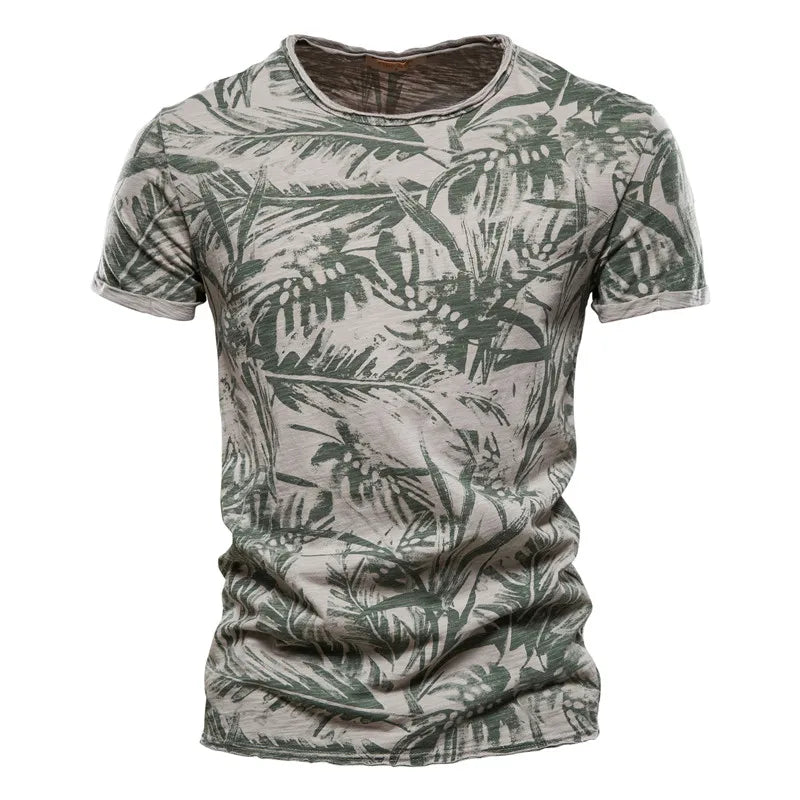 Herren T-Shirt im Hawaii-Stil aus 100 Prozent Baumwolle mit Oansatz Druck